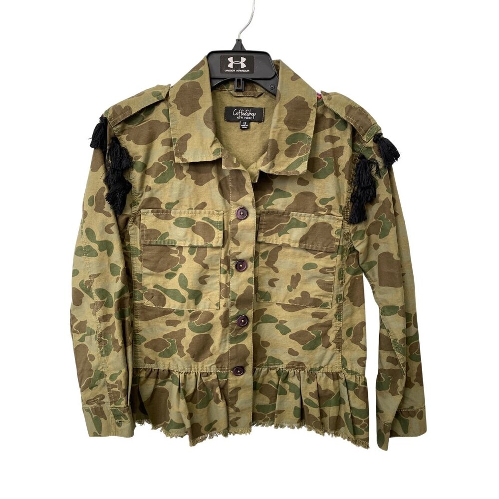 Coffee Shop Camouflage Embroidered Peplum Jacket Size XS Tassel Pom Pom Military